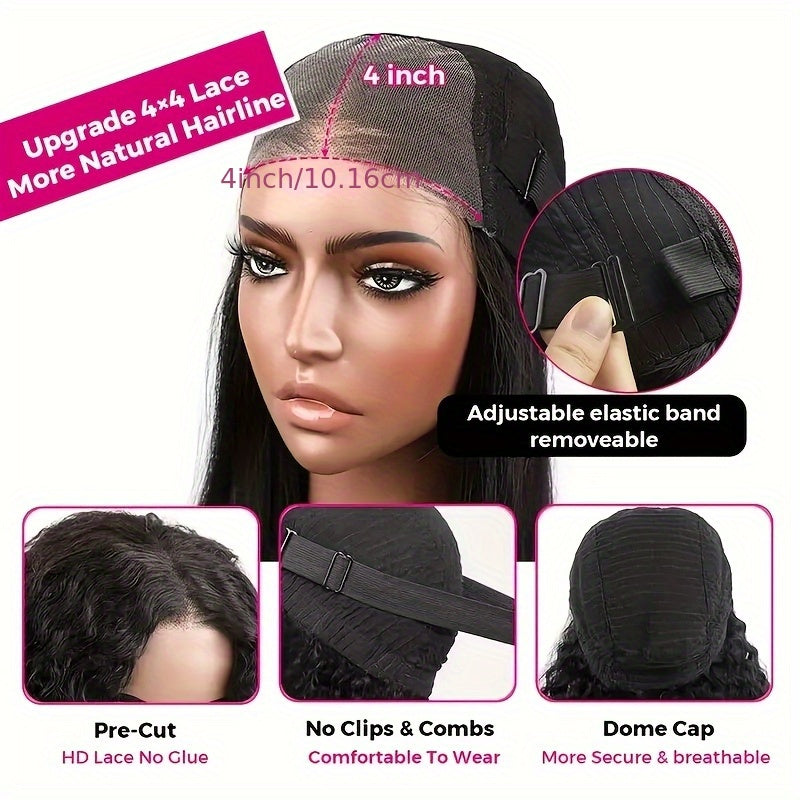 4X4 HD Lace Closure Wig - 100% Human Hair, No Glue Needed, Pre-Plucked Straight Hair, 200% Density, Elegant Style for Women, Perfect for Role-Playing And Casual Attire, Everyday Hairpiece | Natural Appearance | Natural Textur